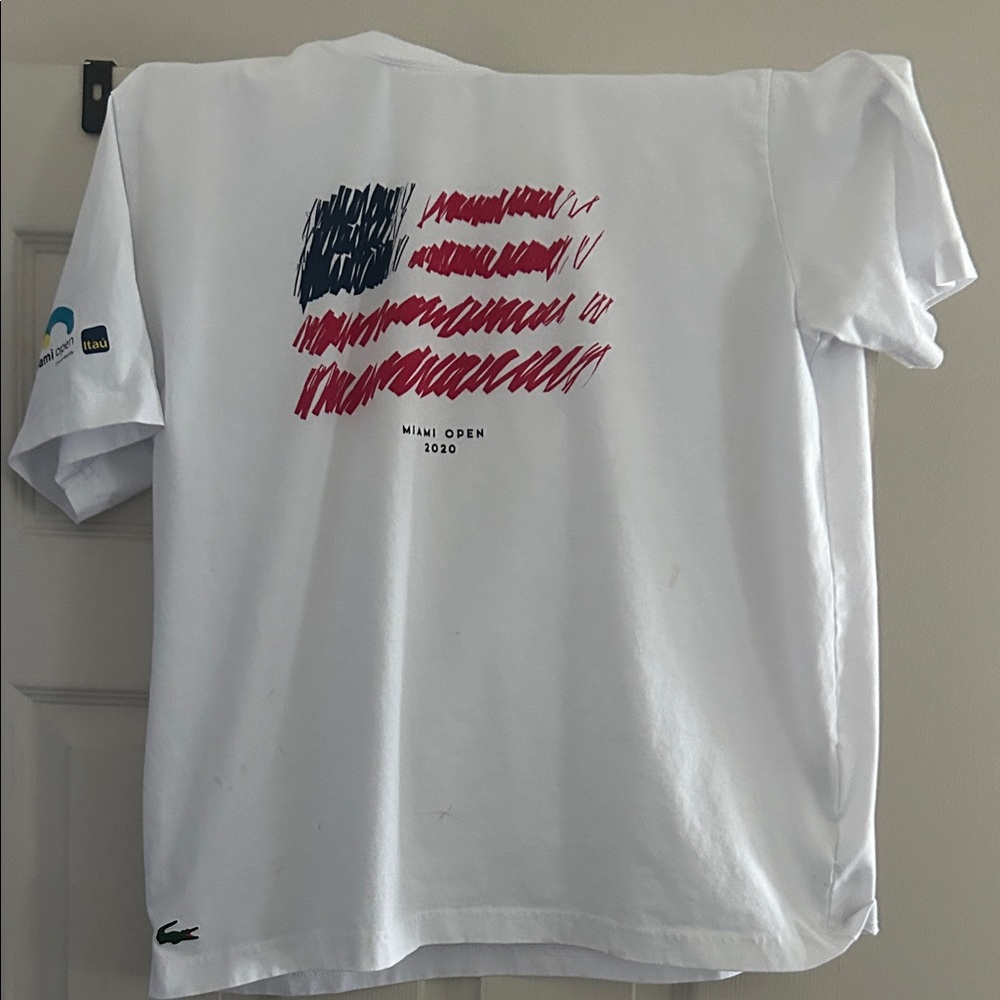 Lacoste White Tee with Red and Blue Graphic